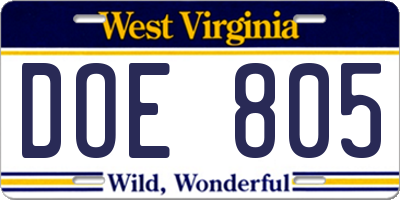 WV license plate DOE805