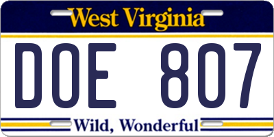 WV license plate DOE807
