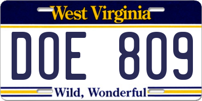 WV license plate DOE809