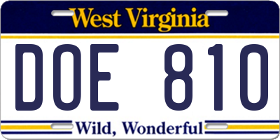 WV license plate DOE810
