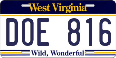WV license plate DOE816