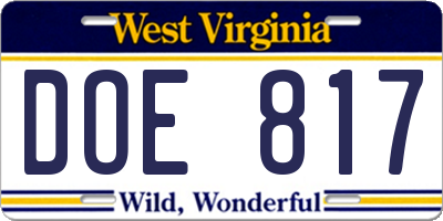 WV license plate DOE817