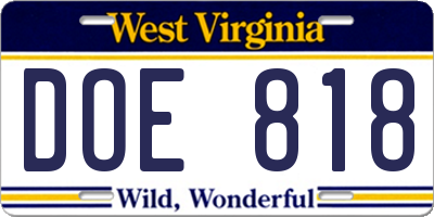 WV license plate DOE818