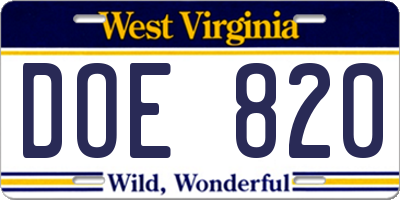 WV license plate DOE820