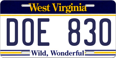 WV license plate DOE830