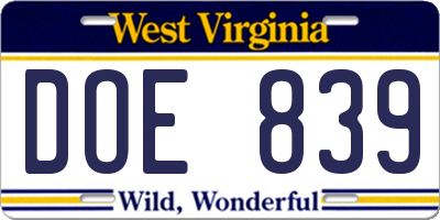 WV license plate DOE839