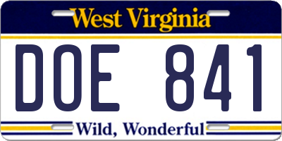WV license plate DOE841