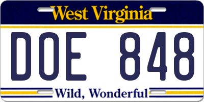 WV license plate DOE848
