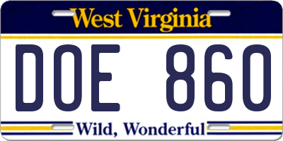 WV license plate DOE860