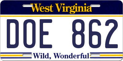 WV license plate DOE862