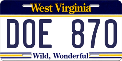 WV license plate DOE870
