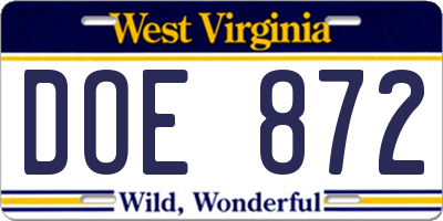 WV license plate DOE872