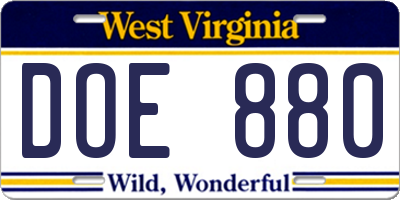 WV license plate DOE880