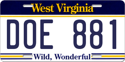 WV license plate DOE881