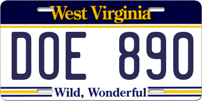 WV license plate DOE890
