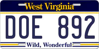 WV license plate DOE892