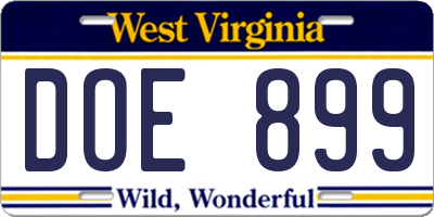 WV license plate DOE899