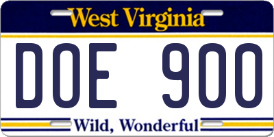 WV license plate DOE900