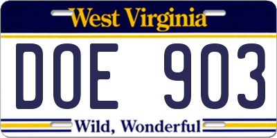 WV license plate DOE903