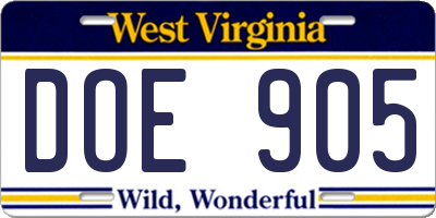 WV license plate DOE905