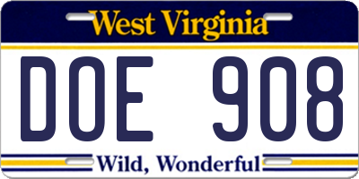 WV license plate DOE908