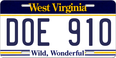 WV license plate DOE910