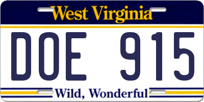 WV license plate DOE915