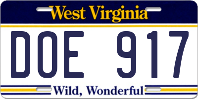 WV license plate DOE917