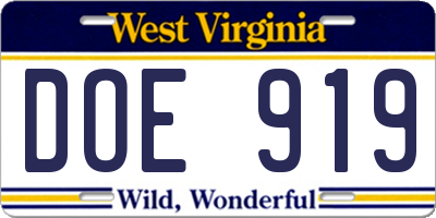 WV license plate DOE919
