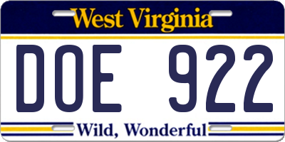WV license plate DOE922