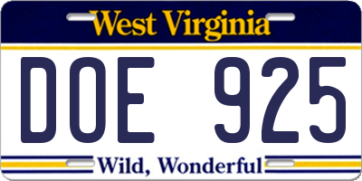 WV license plate DOE925