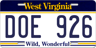 WV license plate DOE926