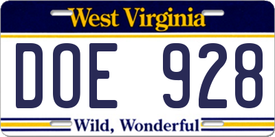 WV license plate DOE928