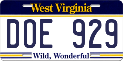 WV license plate DOE929