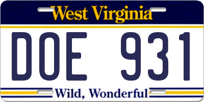 WV license plate DOE931