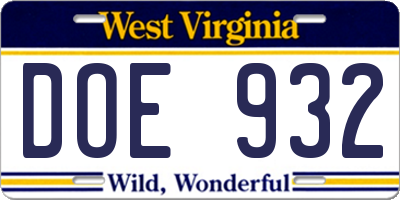 WV license plate DOE932