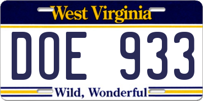 WV license plate DOE933