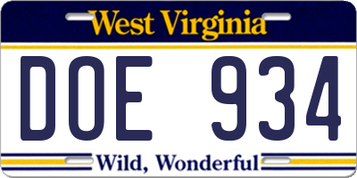 WV license plate DOE934