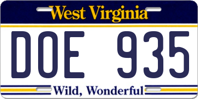 WV license plate DOE935