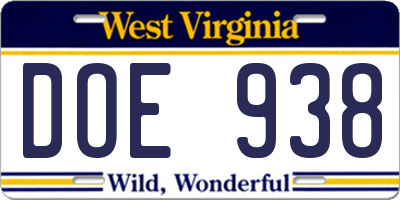 WV license plate DOE938