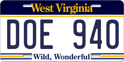 WV license plate DOE940