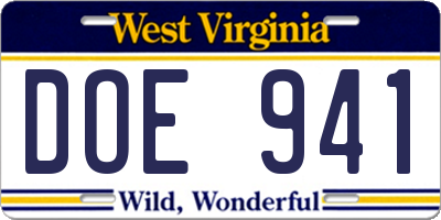 WV license plate DOE941