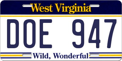 WV license plate DOE947