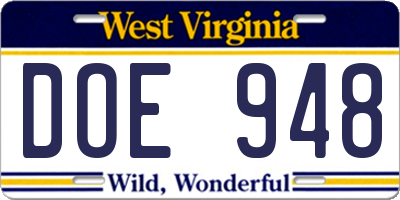 WV license plate DOE948