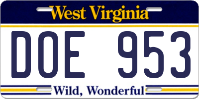 WV license plate DOE953