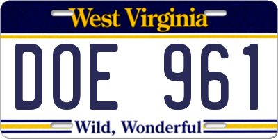 WV license plate DOE961
