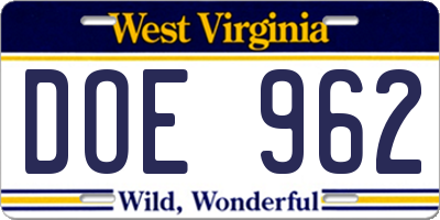 WV license plate DOE962