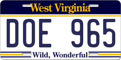 WV license plate DOE965