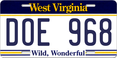 WV license plate DOE968