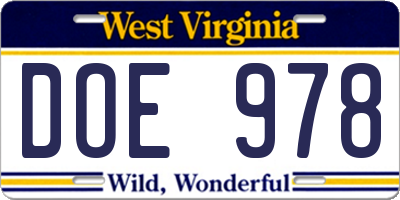 WV license plate DOE978